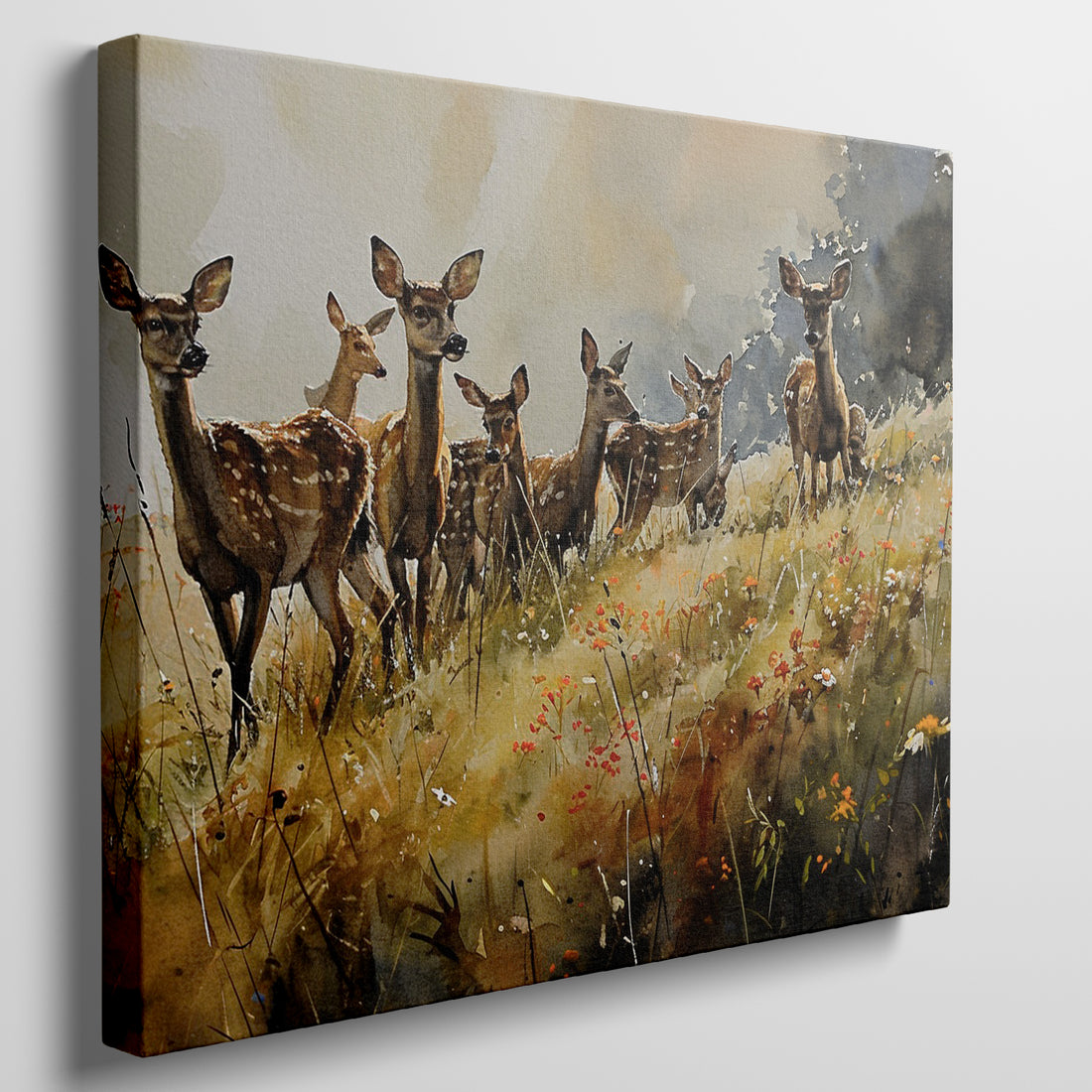 Framed canvas print of a watercolour painting depicting a group of deer in a meadow with wildflowers