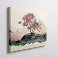 Framed canvas print of a serene cherry blossom tree amidst a minimalist mountain range