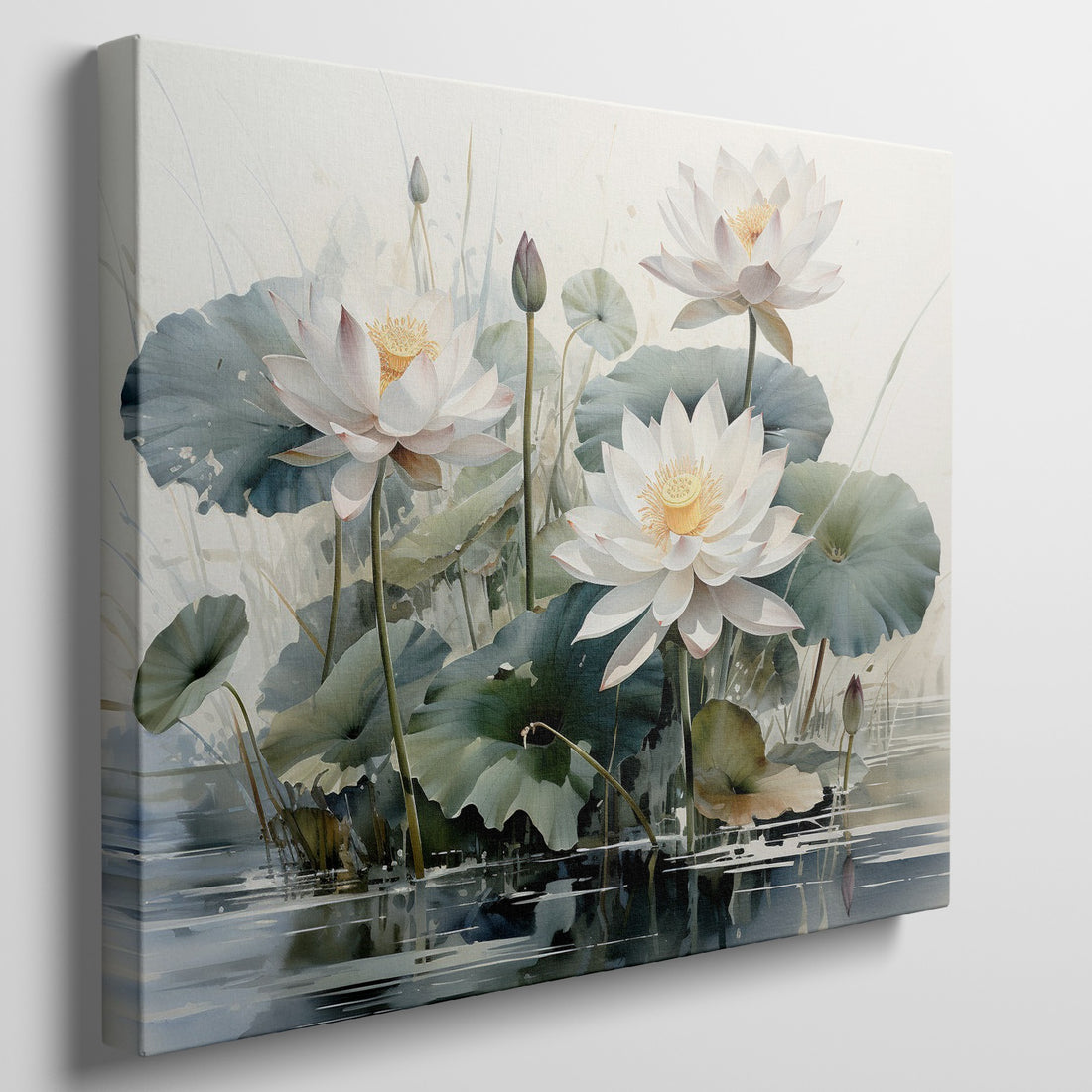 Framed canvas print of tranquil lotus flowers and water lilies on a serene pond