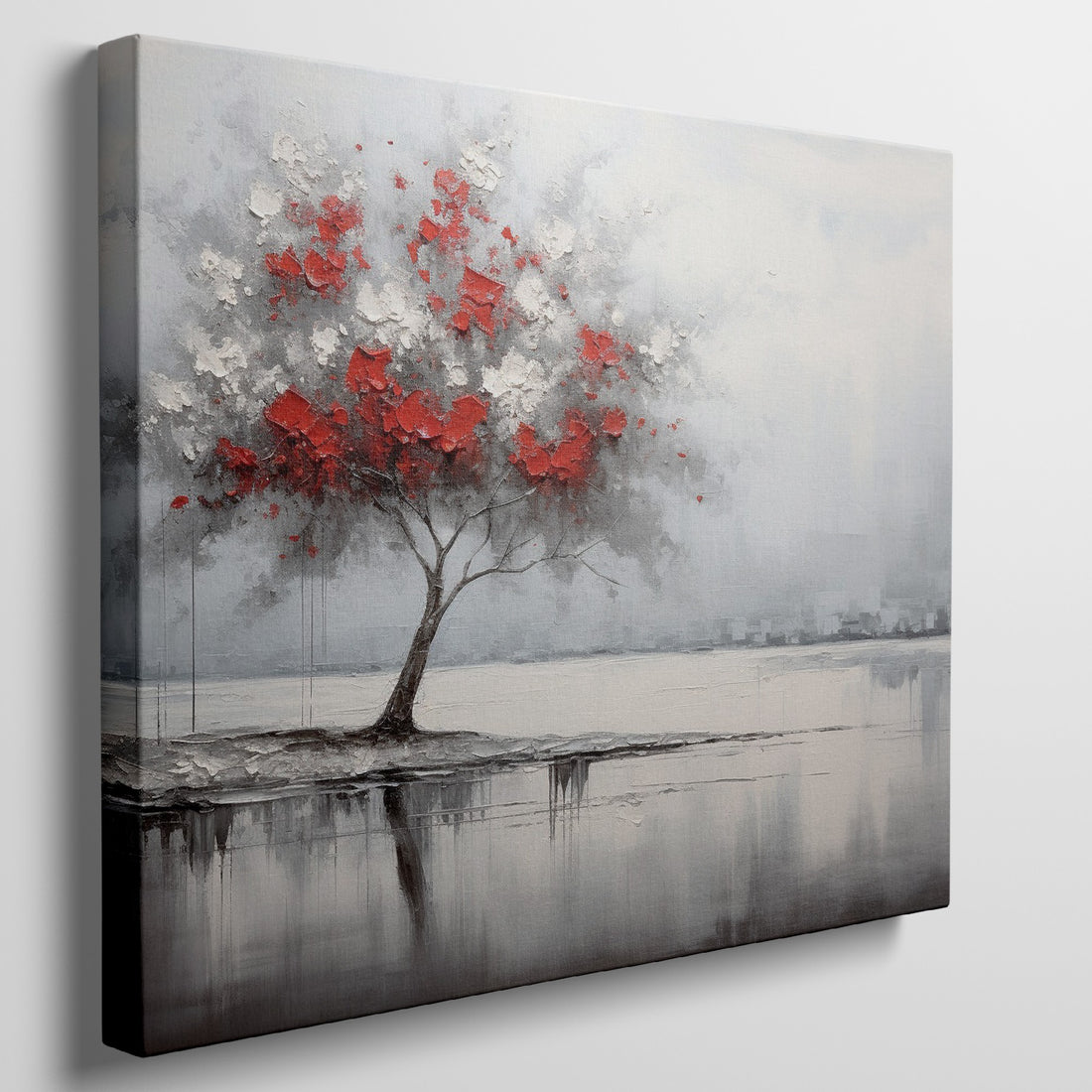 Abstract painting of a lone tree with red and white leaves reflected in water against a grey backdrop