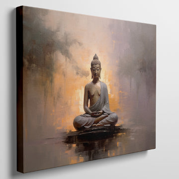 Framed canvas print of serene Buddha in meditation with abstract warm background