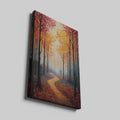 Framed canvas print of a stylised forest with colourful autumn foliage and a winding pathway