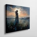 Framed canvas print of a figure in a meadow at sunset with dramatic sky and expressive brushstrokes