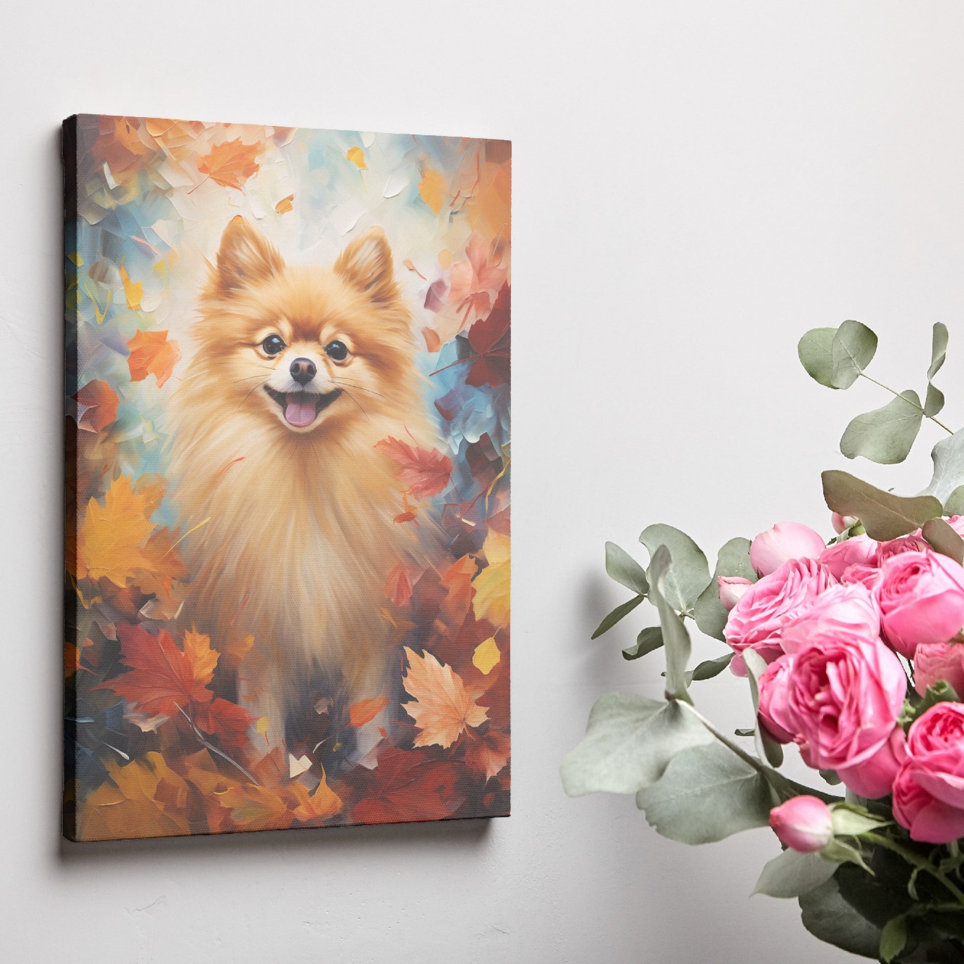 Framed canvas print of a cheerful Pomeranian amidst a vibrant display of autumn leaves