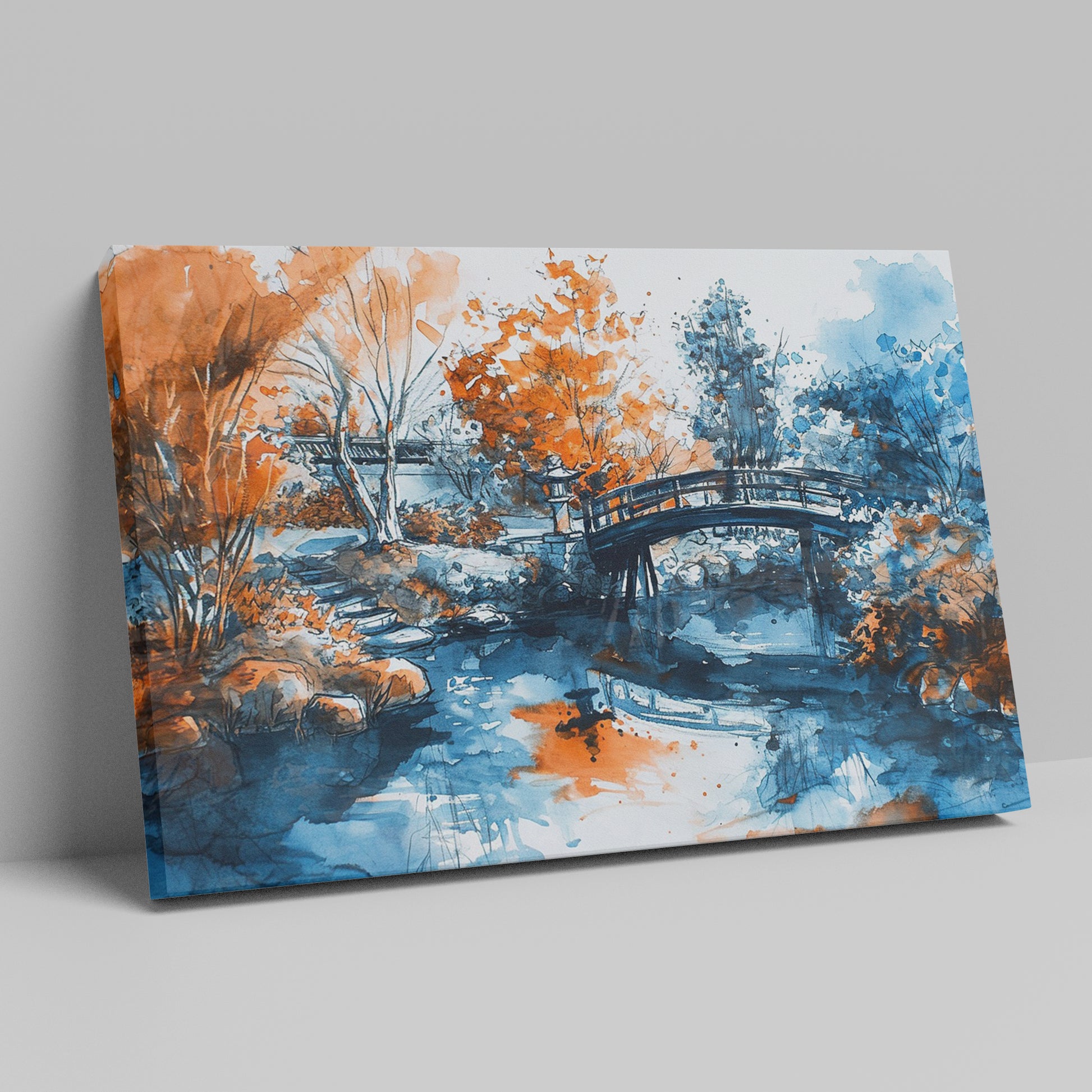 Framed canvas print of an Oriental garden scene with a bridge over water in autumnal hues of orange and blue