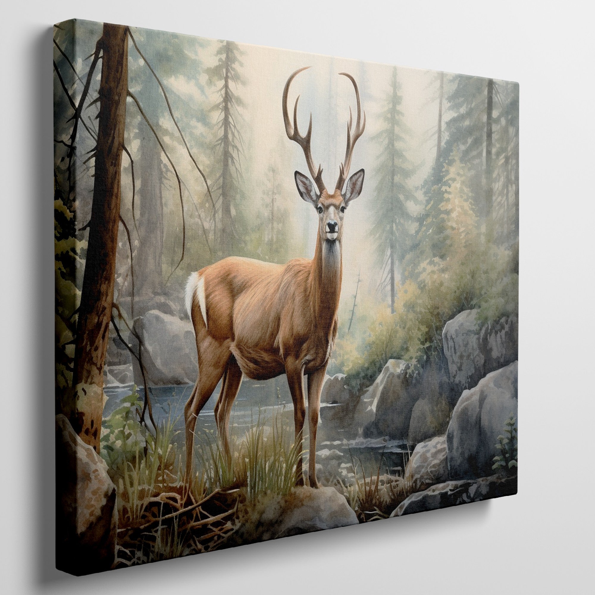 Framed canvas print of realistic deer in a forest with a stream and rocks