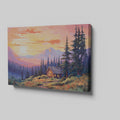 Framed canvas print of a colorful rustic cabin at sunset with vibrant sky and mountain background