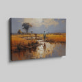 Framed canvas print of a tranquil African savannah landscape with warm sunset and water reflections