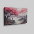 Framed canvas print of an oriental landscape with cherry blossoms, pagodas, and a silhouette of a person