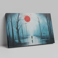 Framed canvas print of a mysterious blue forest with a vibrant red moon and a lone silhouette reflected on the water