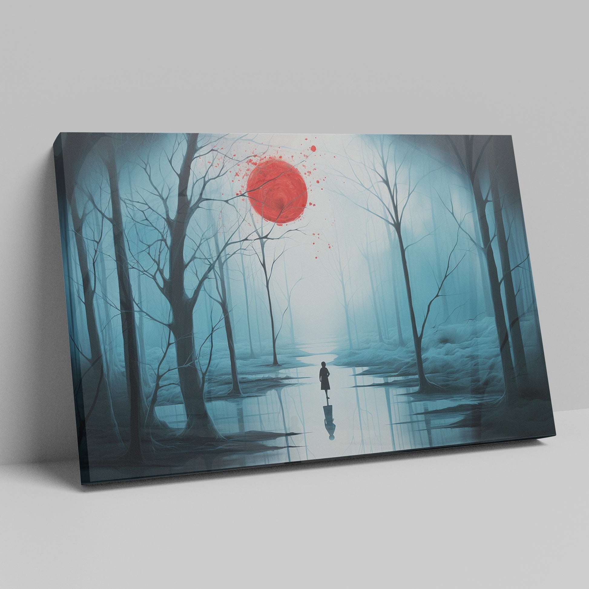 Framed canvas print of a mysterious blue forest with a vibrant red moon and a lone silhouette reflected on the water