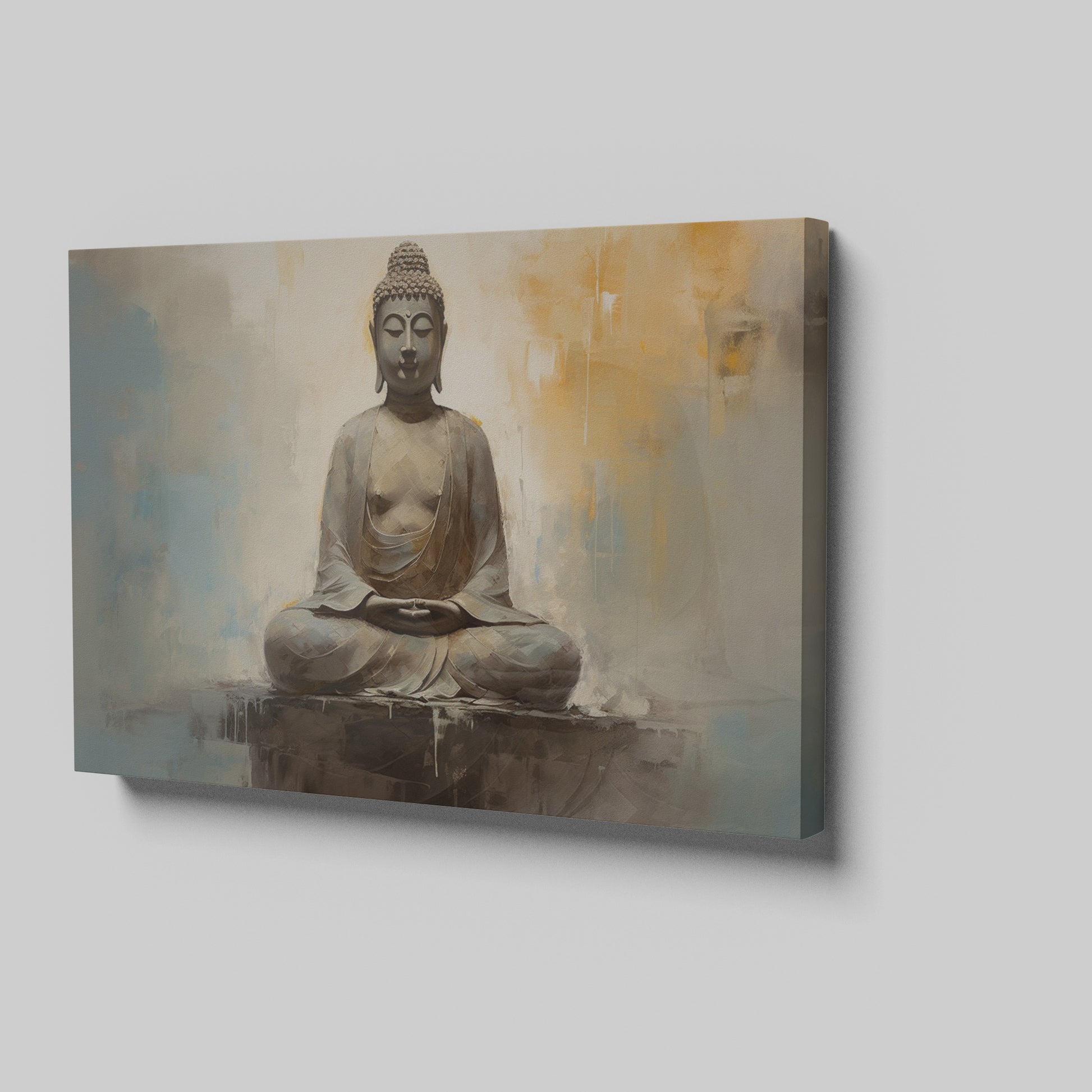 Framed canvas print of a serene Buddha in meditative pose with abstract warm and neutral tones