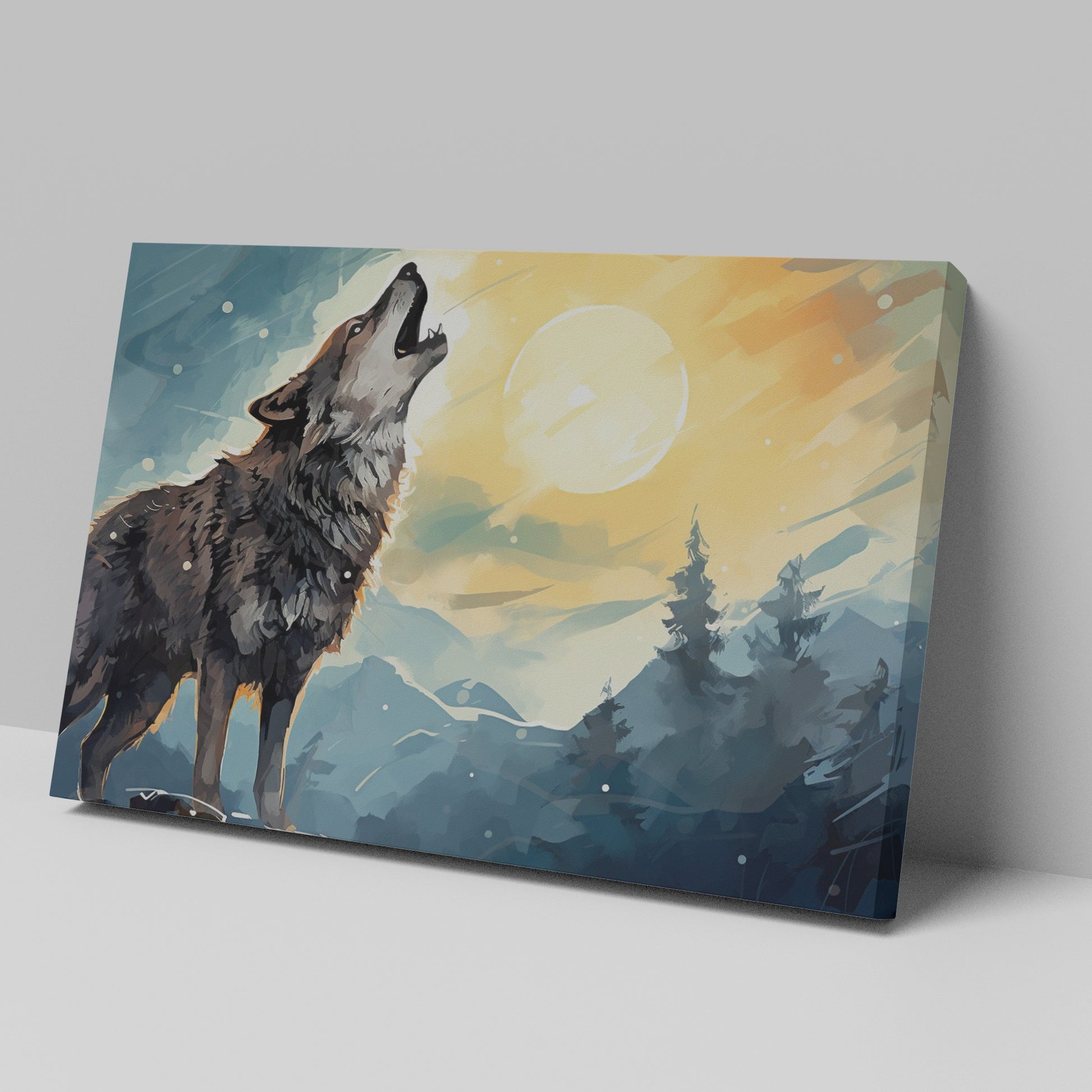 Framed canvas print of a howling wolf in a forest at sunset with orange and blue tones