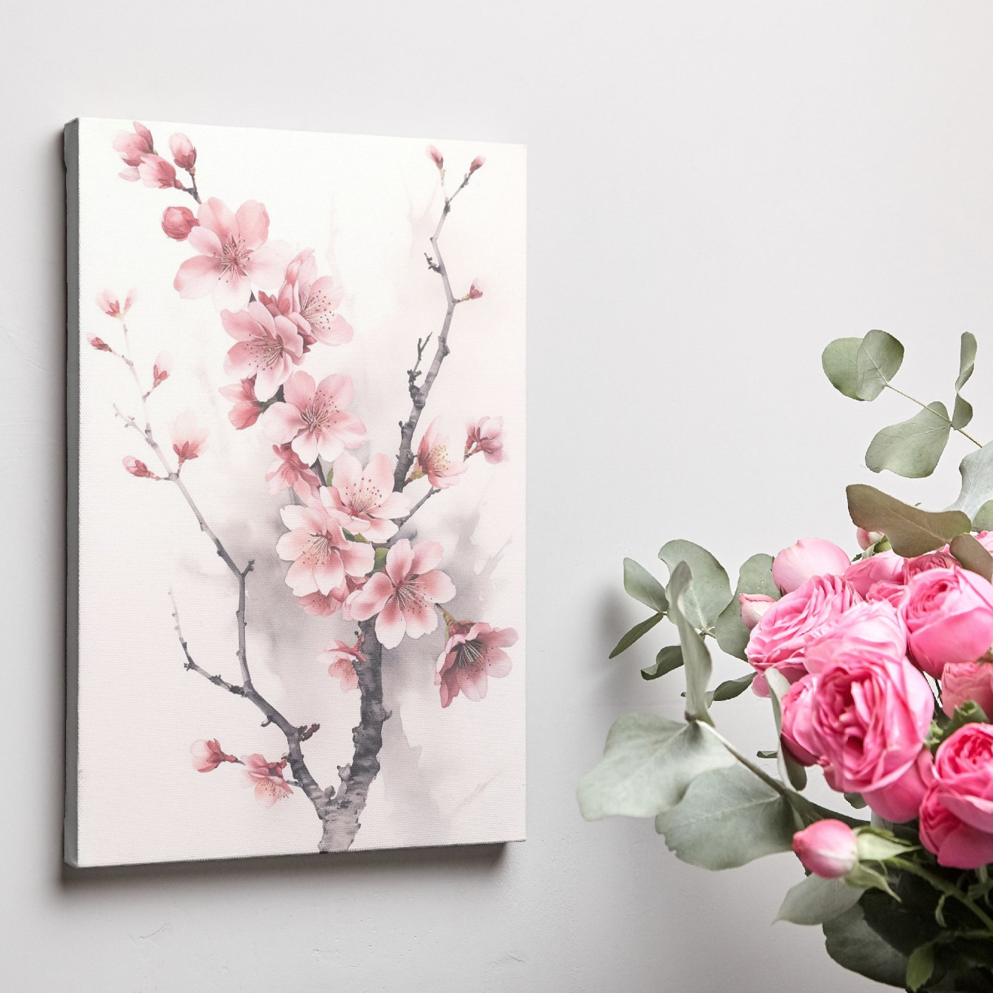 Framed canvas print of a delicate cherry blossom watercolour painting in soft pink hues