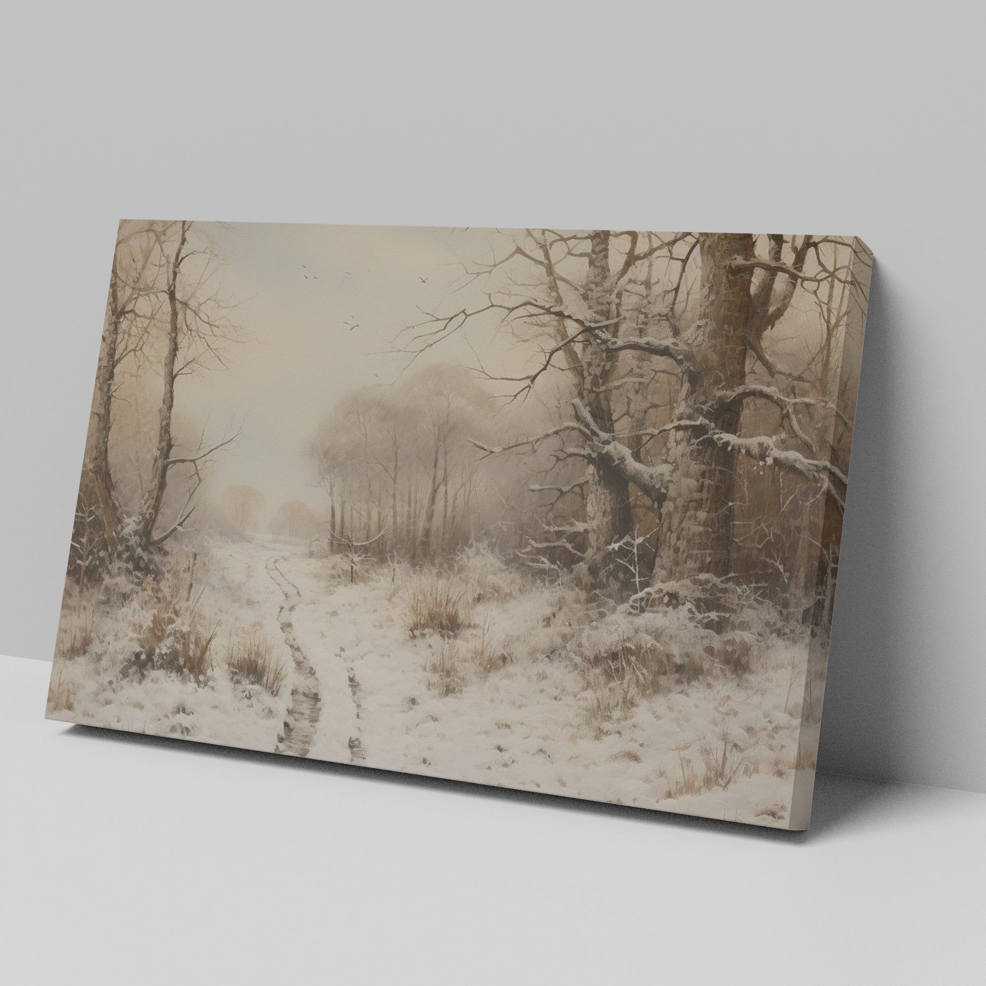 Framed canvas print of a tranquil winter landscape with snow-covered trees and a snowy path