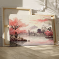 Framed canvas print of oriental landscape with cherry blossoms and pagoda