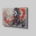 Framed canvas print of a traditional Japanese Geisha in watercolour with a misty backdrop of red and grey