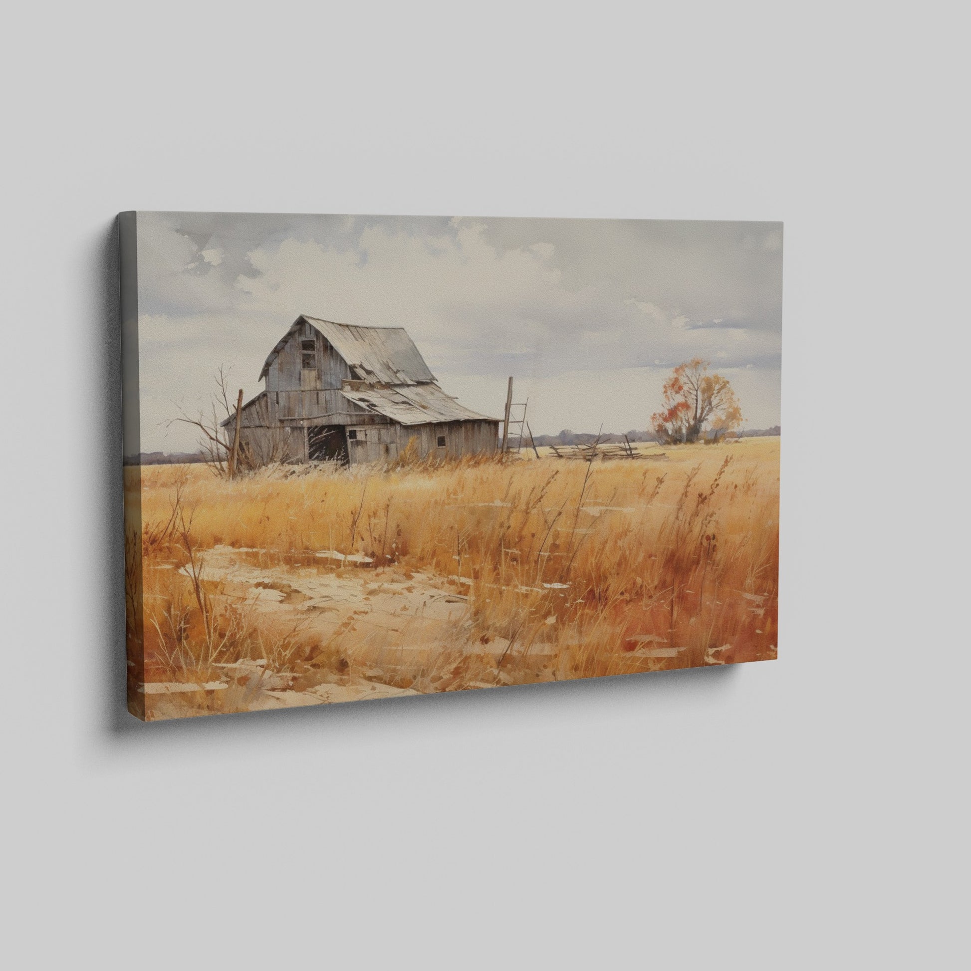 Framed canvas print of an old barn in a golden autumn rural landscape