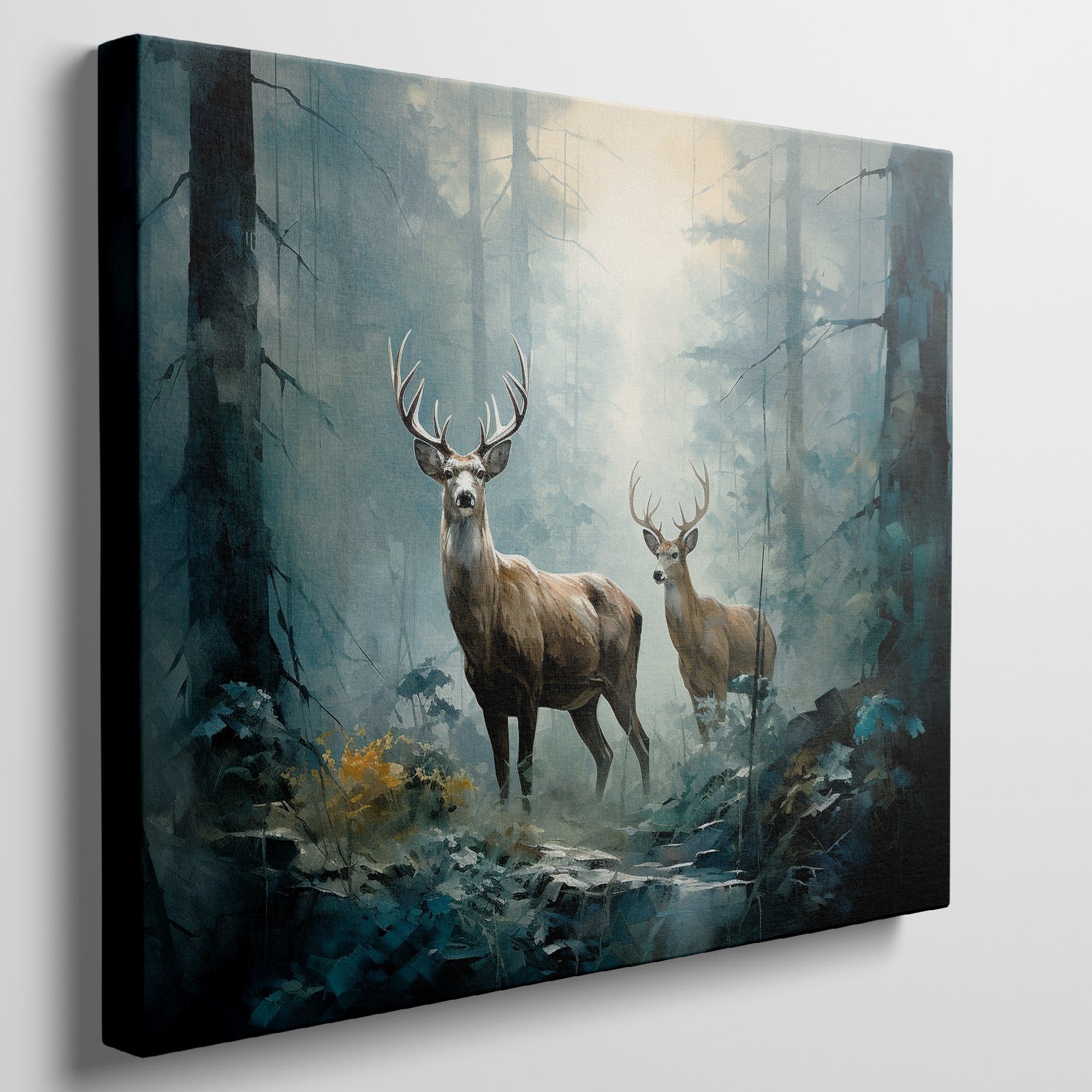 Framed canvas print of two majestic deer in a misty, sunlit forest