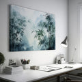 Framed canvas print of misty bamboo grove with mountains in the background