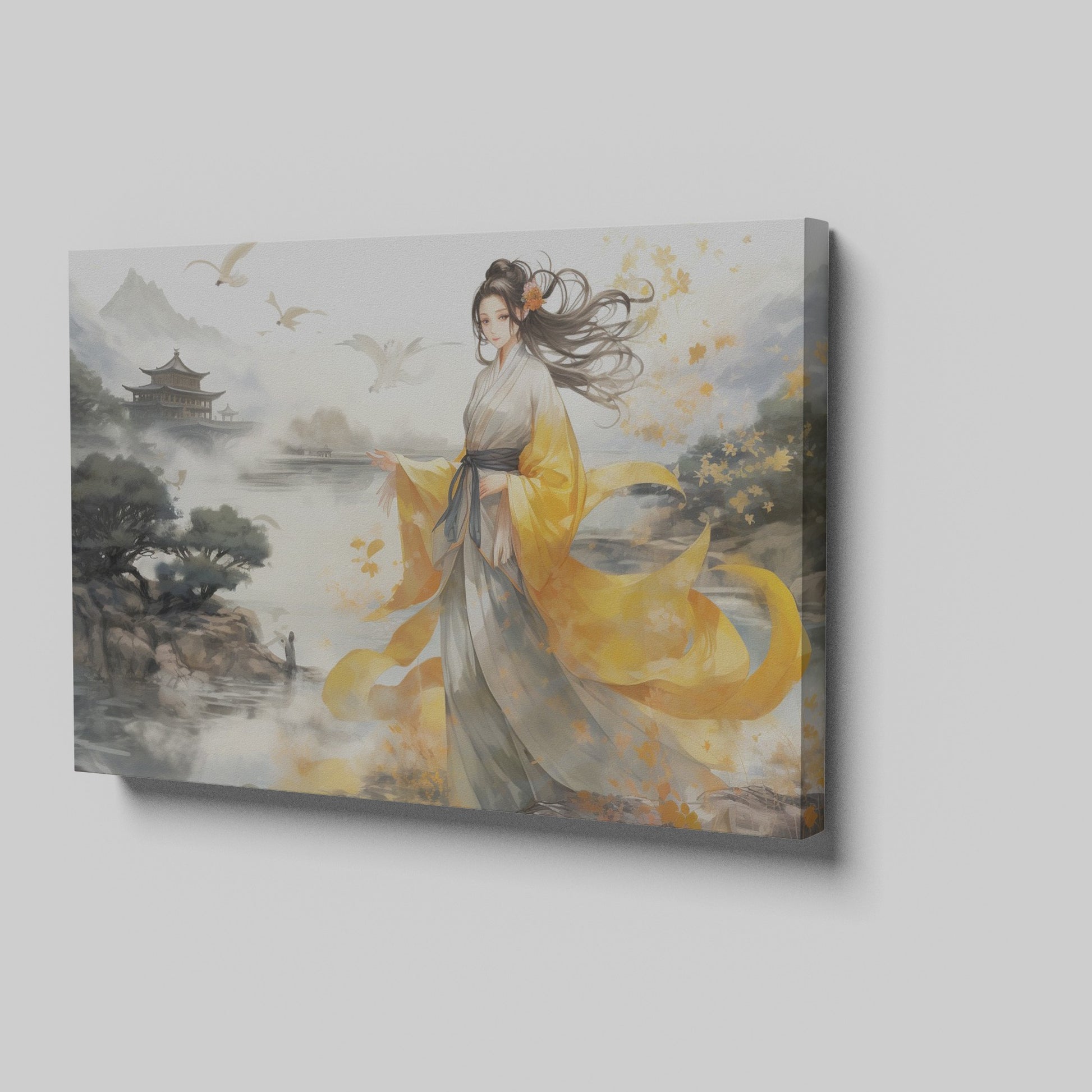 Framed canvas print of an elegant woman in traditional Oriental clothing with a landscape