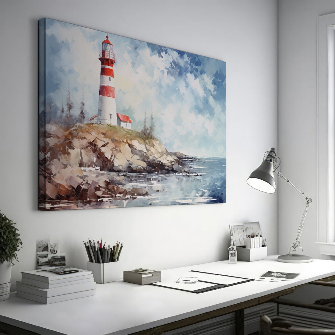 Impressionistic painting of a lighthouse on a cliff with a blue sea and sky