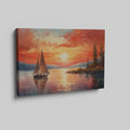 Framed canvas print of a sailboat sailing at sunset with vibrant sky and reflective water