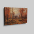 Framed canvas print of a traditional autumn forest landscape with a country house and warm red and brown tones