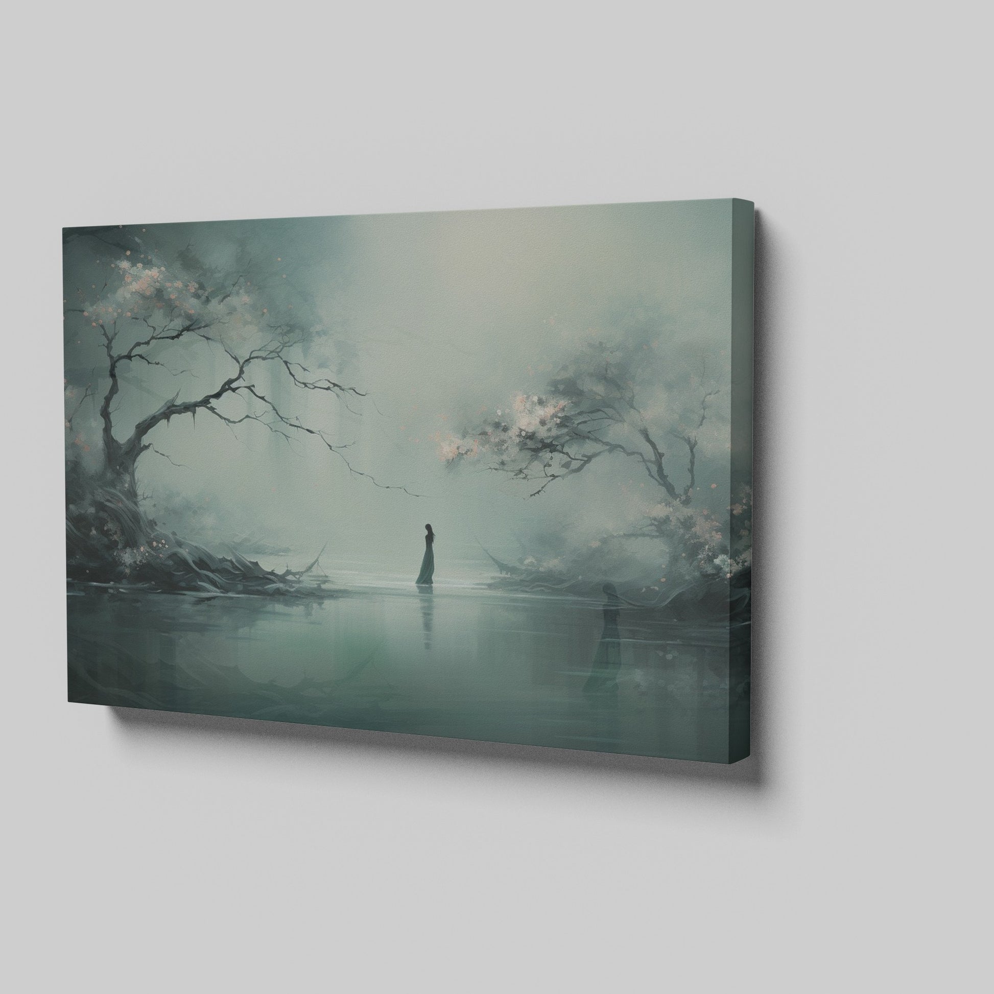 Framed canvas print of a mystical figure amidst ethereal trees and reflective waters, in pastel shades of blue and grey