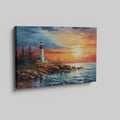 Framed canvas print of a vibrant impressionist sunset over a lighthouse and ocean