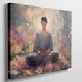 Framed canvas print of a meditative figure in a floral garden with soft pastel tones