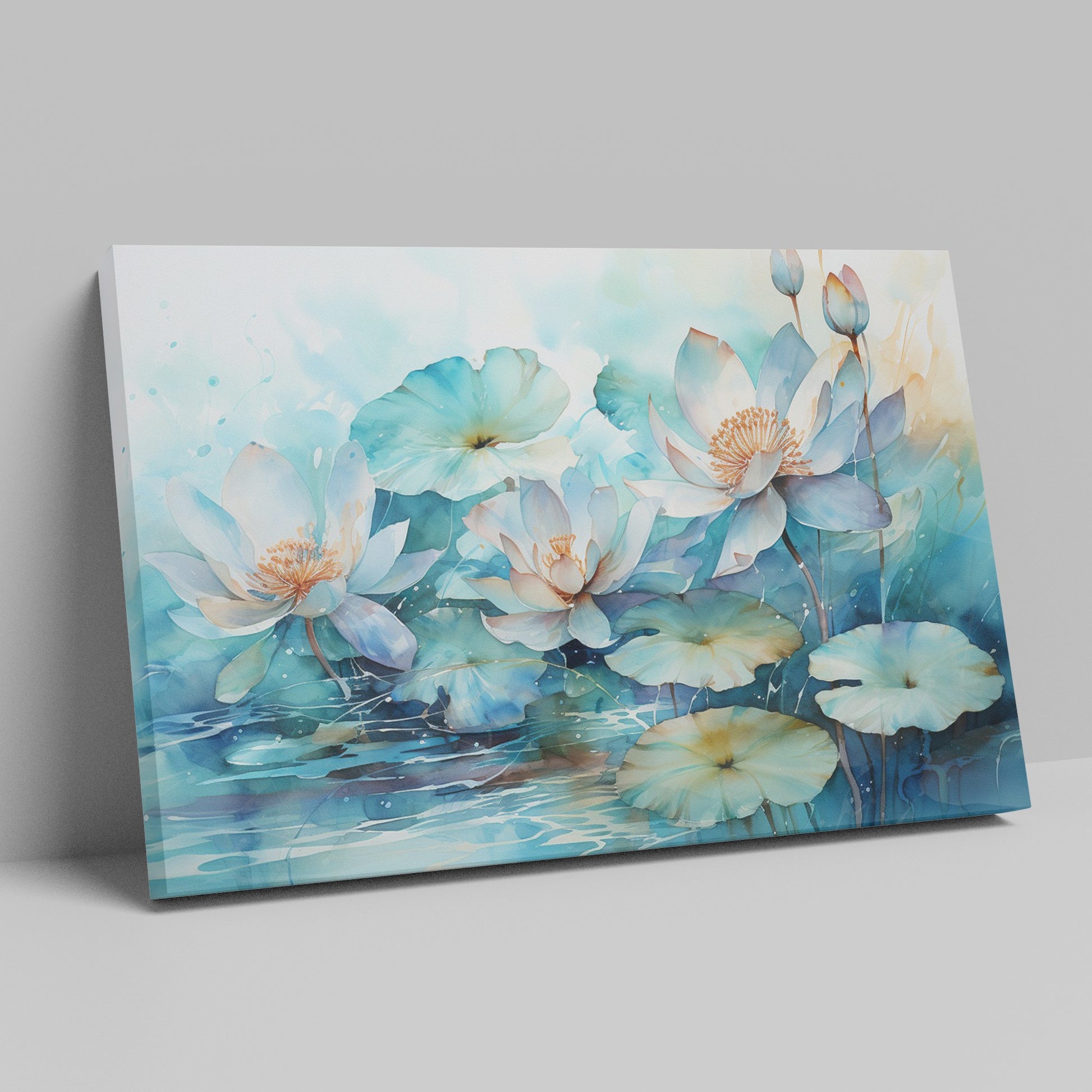 Framed canvas print of tranquil watercolor lotus pond with delicate blues and teals