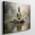 Framed canvas print of a serene Buddha sitting in meditation with a reflective water effect