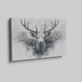 Framed canvas print of a mystical monochrome stag with abstract ink splash design