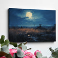 Framed canvas print of a moonlit rustic meadow with a full moon, golden tones and blue hues