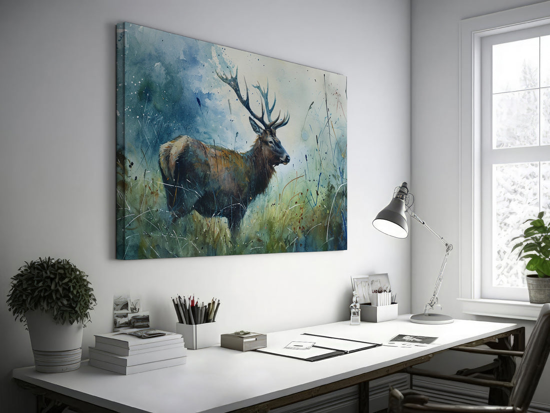 Framed canvas print of a majestic stag in a dreamy watercolour style with blue and brown tones