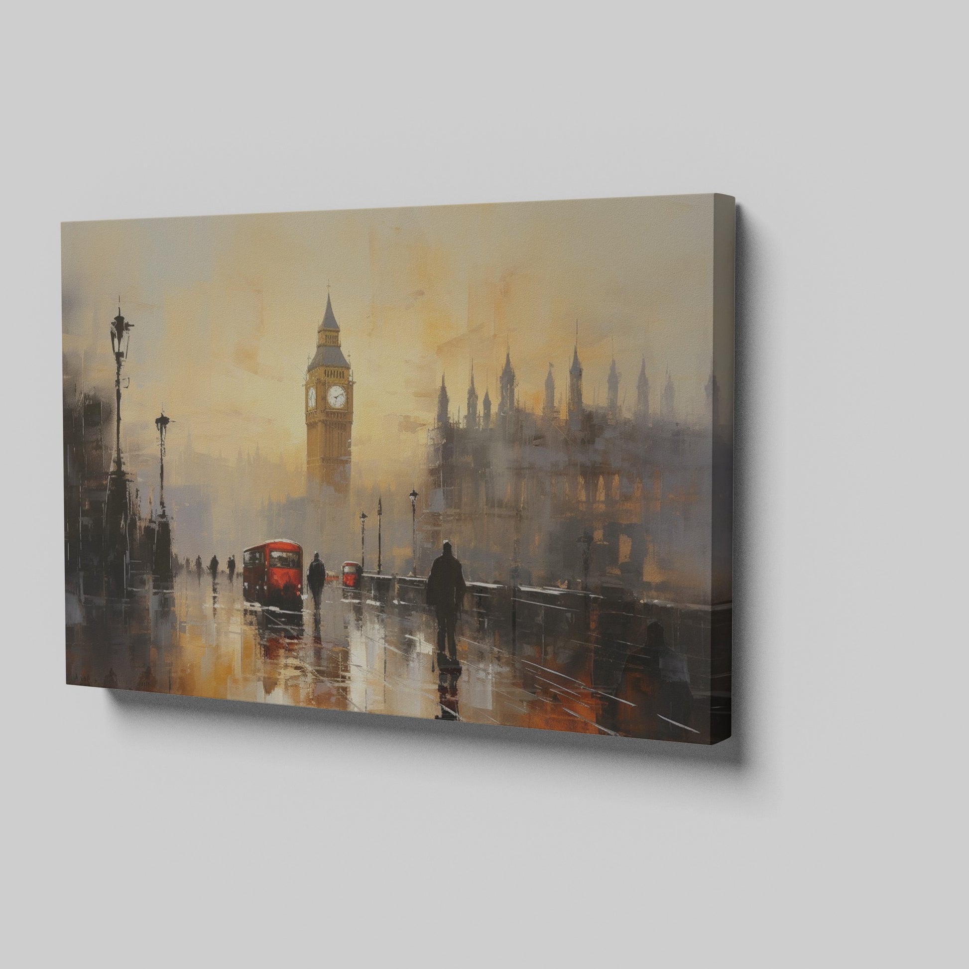 Framed canvas print of London's Big Ben and red buses in an abstract impressionist style with warm golden colours