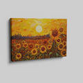 Framed canvas print of sunflowers beneath a golden sunset in an illustrative style