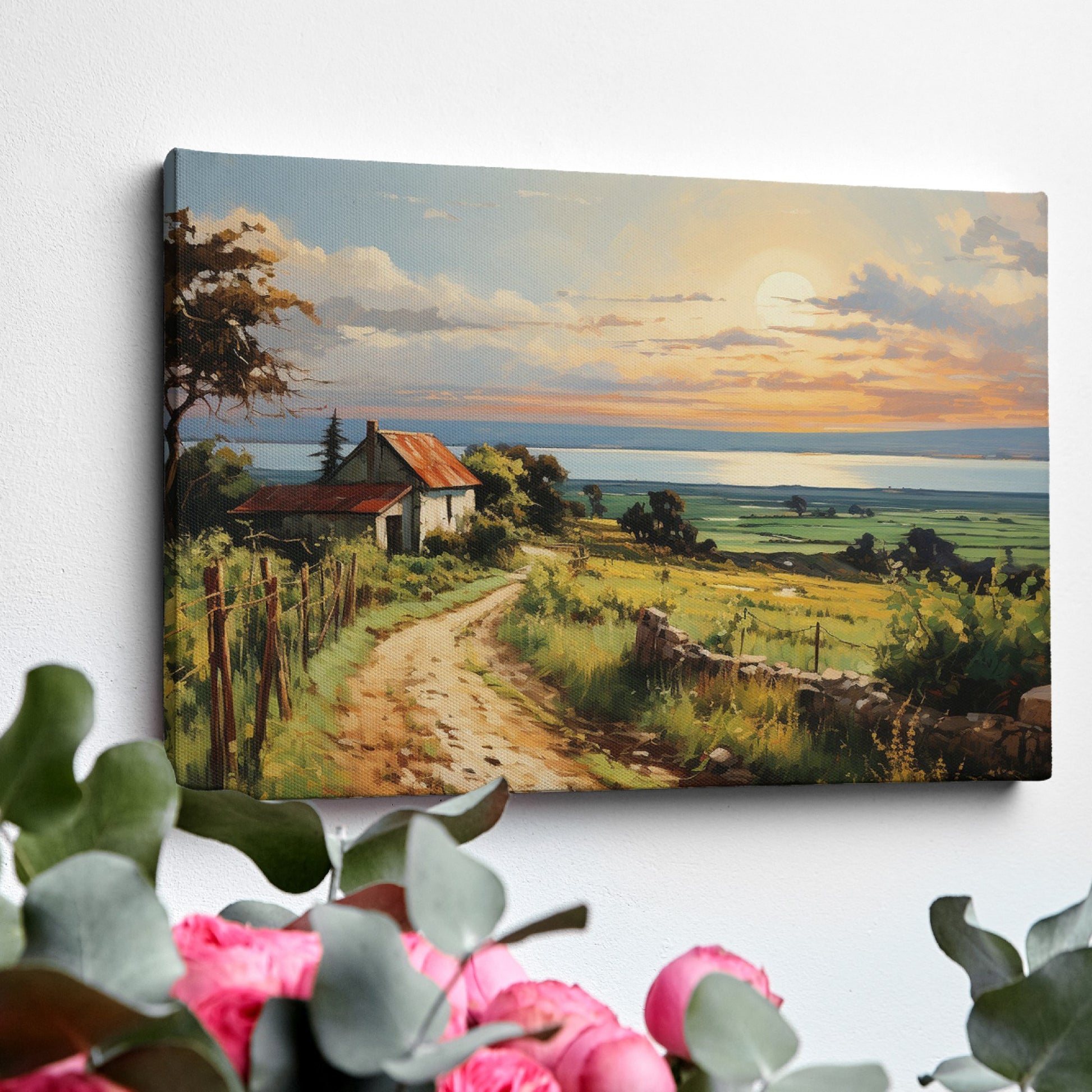 Framed canvas print of a rustic farmhouse and path leading to a sunset over the sea