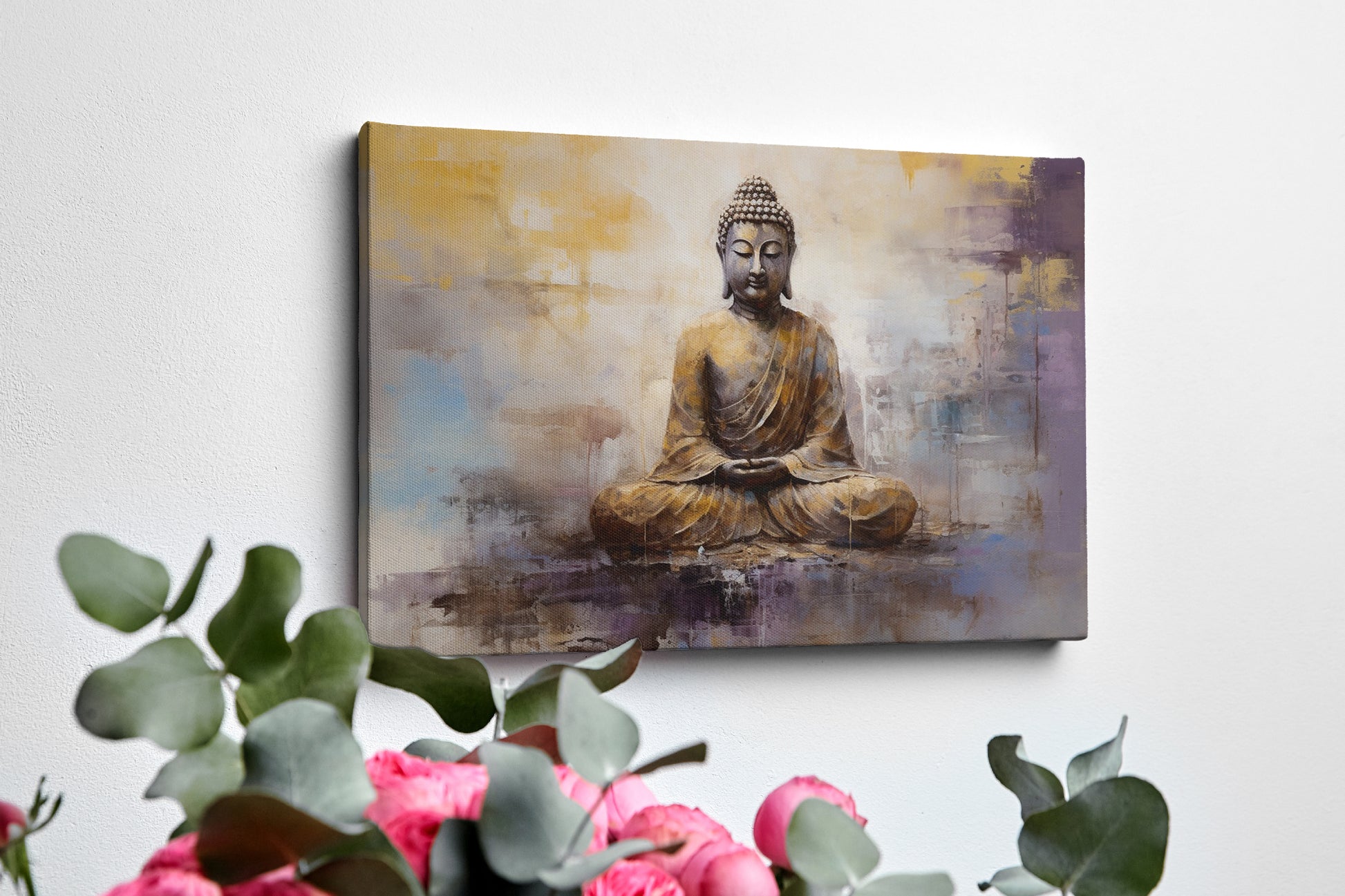 Framed canvas print of a golden Buddha in meditative pose with abstract background