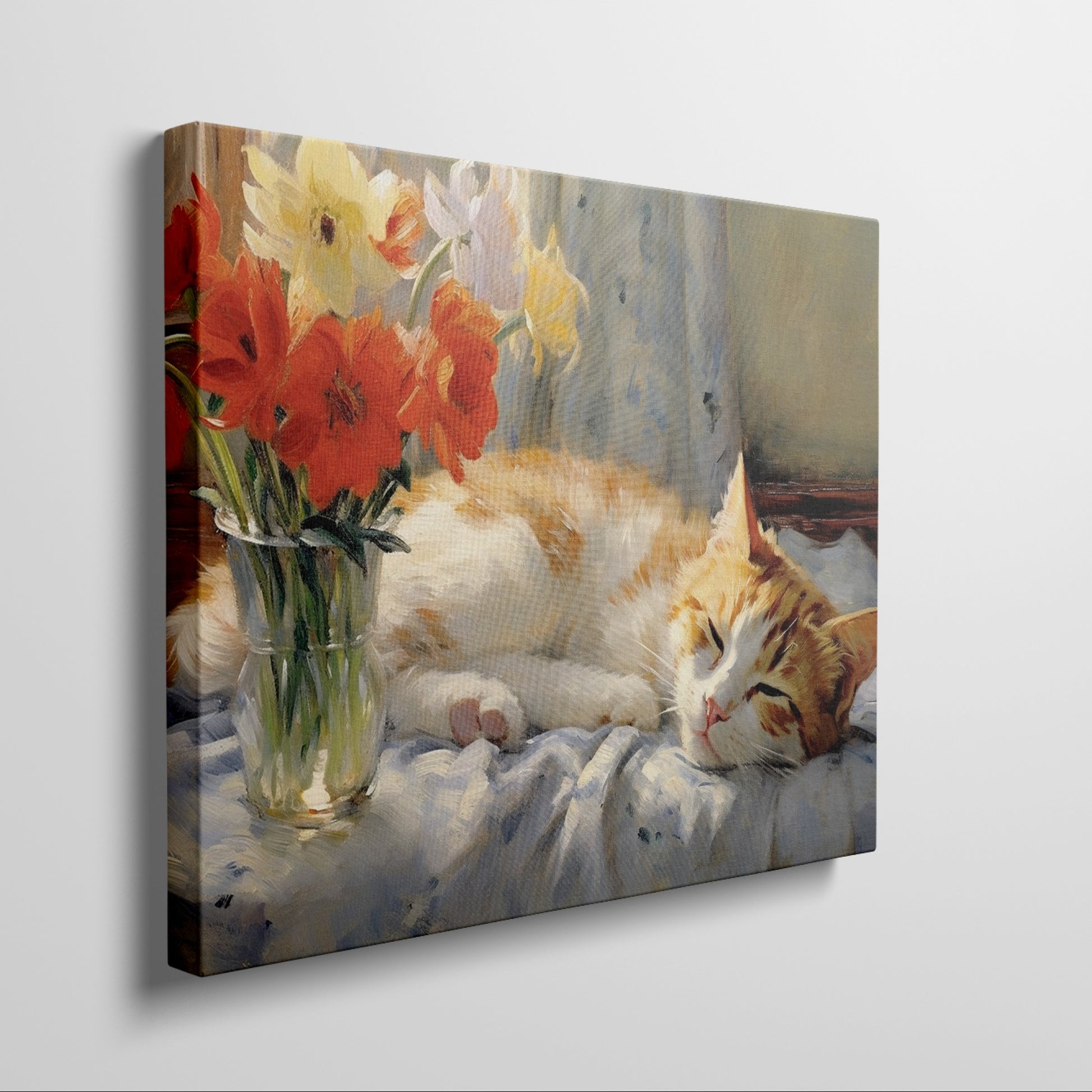 Framed canvas print of a ginger cat sleeping beside vibrant red tulips and yellow daffodils