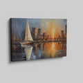 Impressionist painting of a sailboat on calm waters with a sunset reflecting off a city skyline