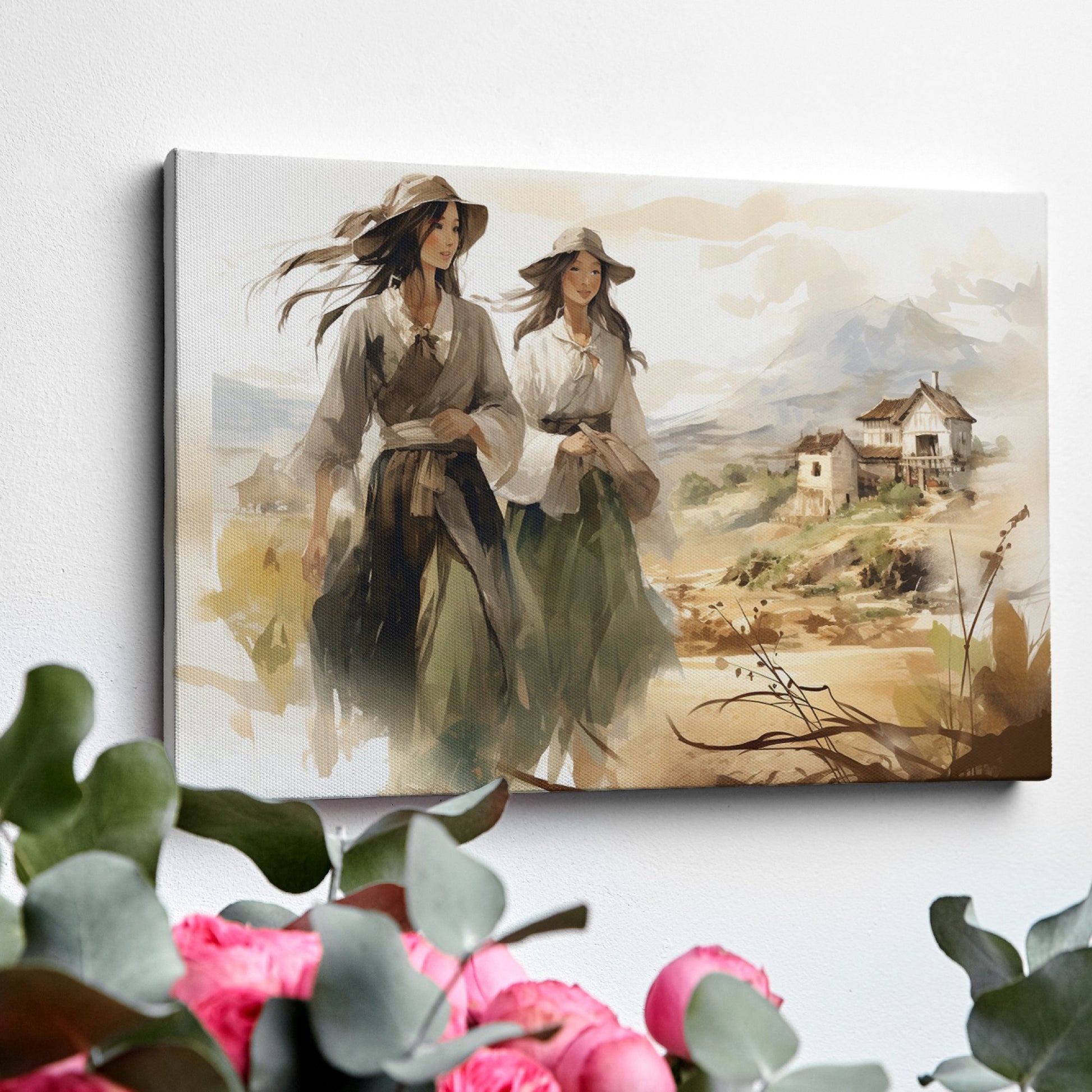 Impressionistic painting of two women in traditional dresses with a countryside backdrop.