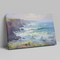 Framed canvas print of a vibrant impressionist seascape with cliffs and ocean waves