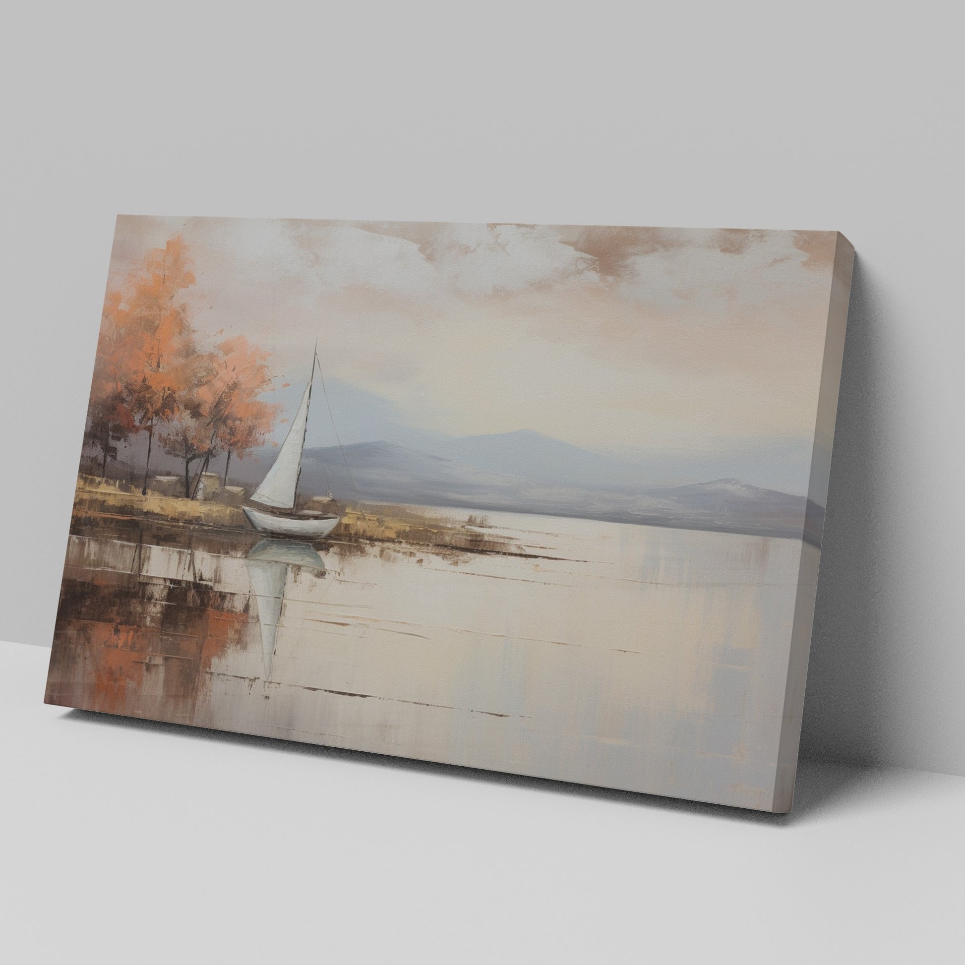 Framed canvas print of an impressionist painting with a sailing boat and autumn trees by a lake