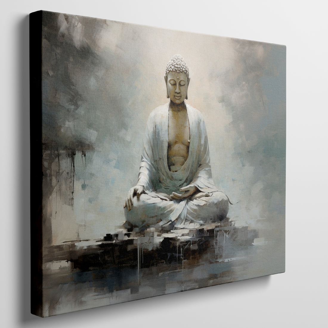 Framed canvas print of a serene Buddha in meditation with abstract, earthy tones