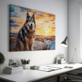 Framed canvas print of a Siberian Husky against a sunset landscape