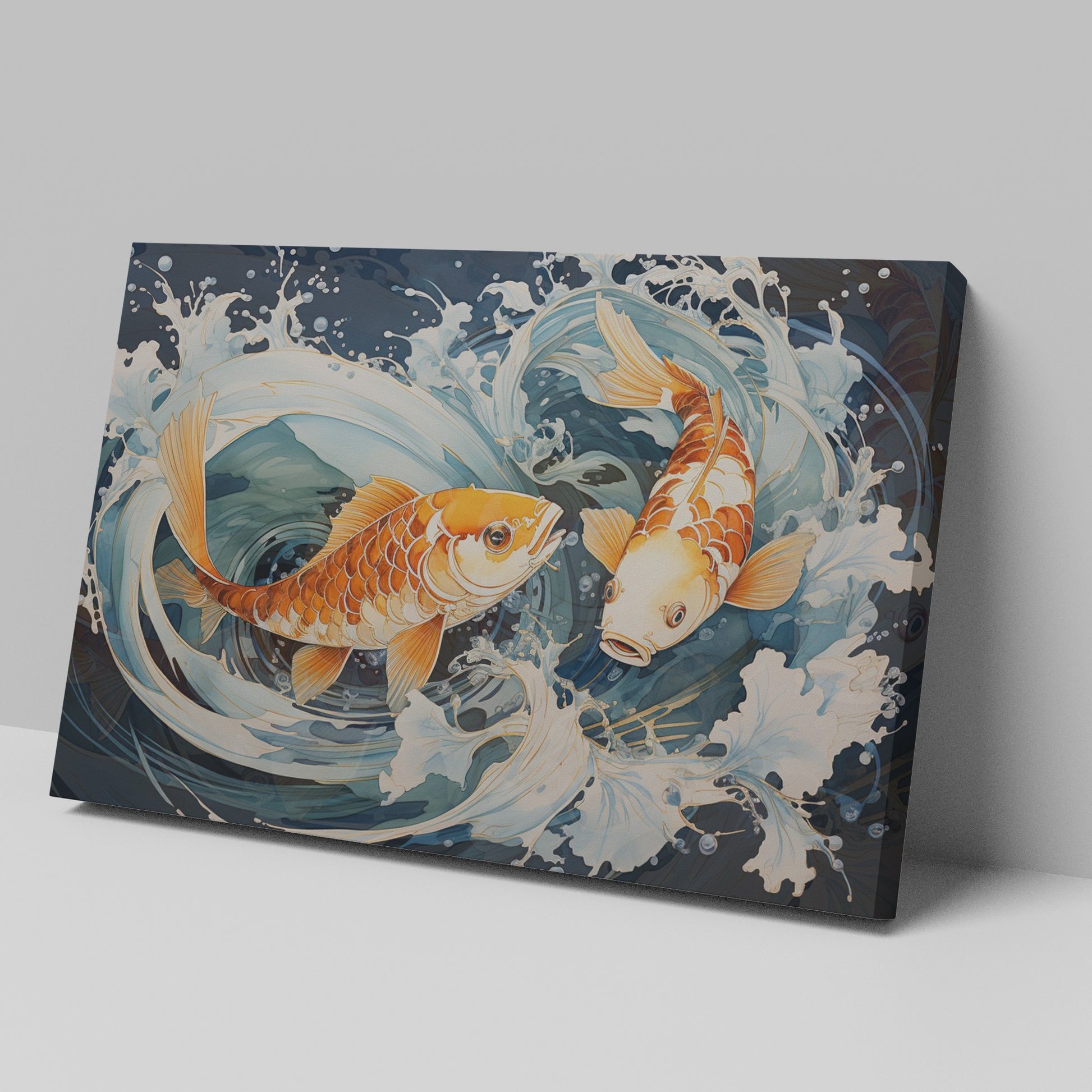 Framed canvas print of two vibrant koi fish with dynamic water movements in a Japanese style illustration