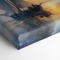 Framed canvas print of an impressionist painting depicting a sailing ship at sunset with warm hues and a serene seascape