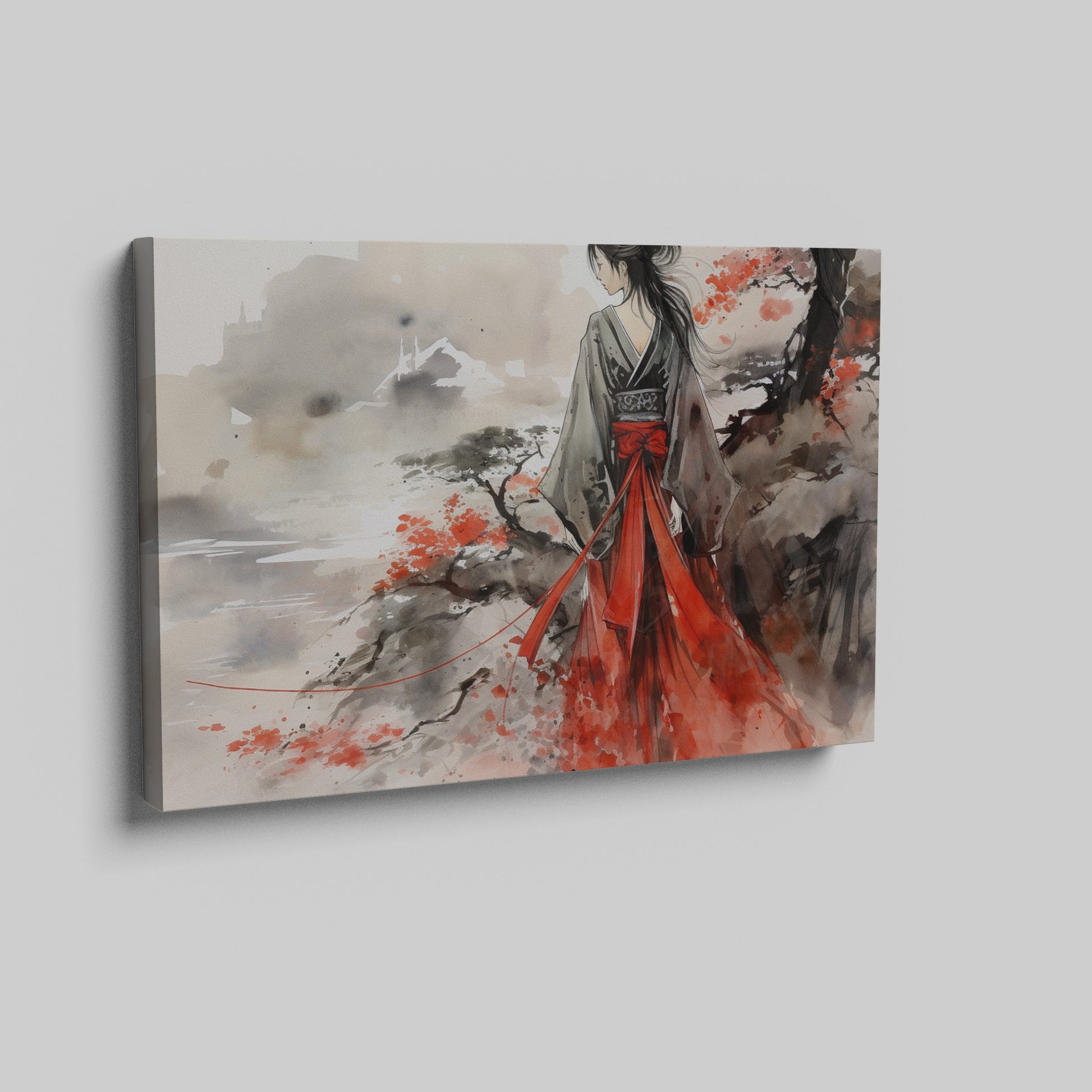 Framed canvas print of a traditional geisha in vibrant red, set against an oriental landscape with ink wash